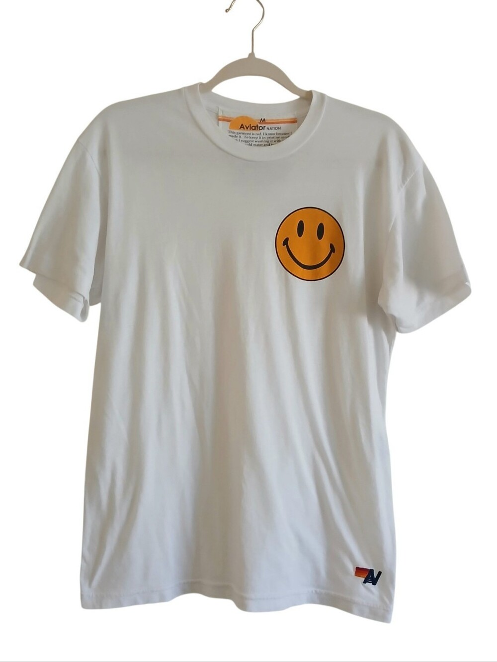 AVIATOR NATION embroidered Logo Smiley Face Tee Men's M White USA Thin Retro